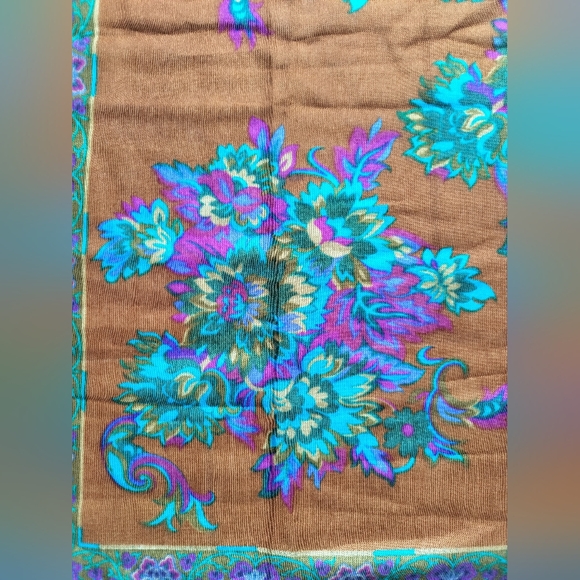Challis by Berkshire vintage brown bright blue lavender floral scarf acrylic - Picture 5 of 7
